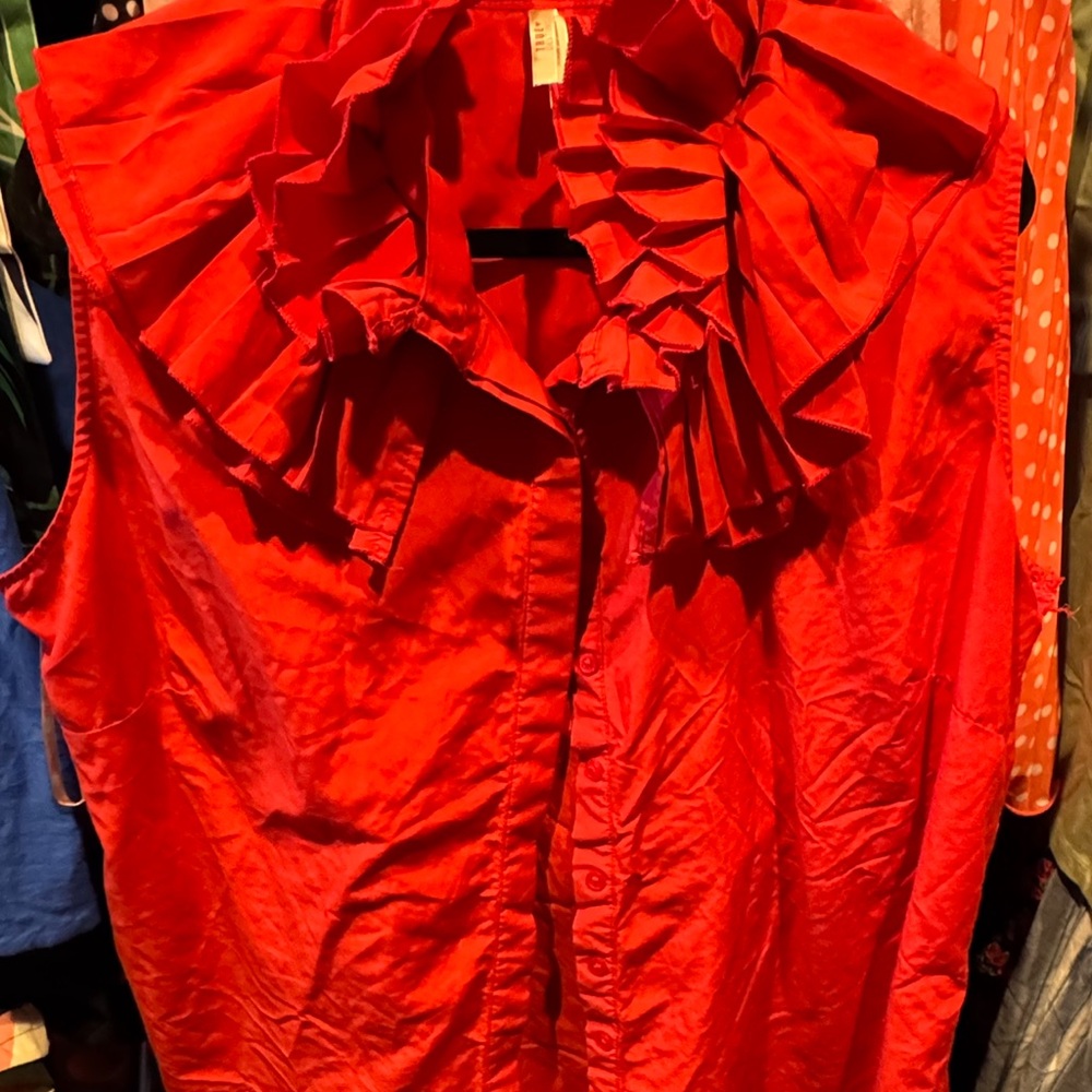 Red Ruffled Buttoned Blouse
